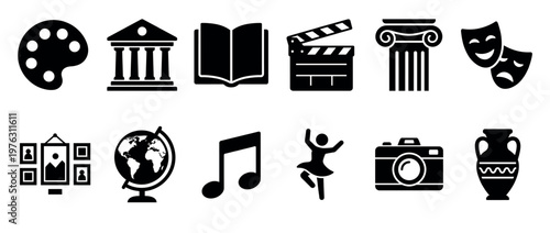 Collection of black silhouette icons representing various aspects of arts, culture, education, and entertainment activities.