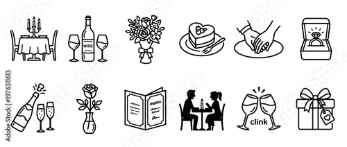 Romantic date icons collection with elements like wine, flowers, cake, ring, and dining for special occasions.