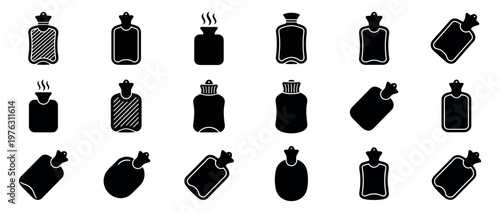 Hot water bottles icons collection featuring various shapes, designs, and orientations for warmth and comfort.