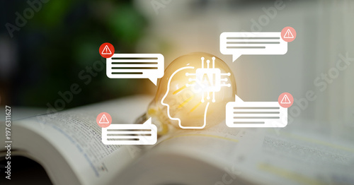 Slika na platnu A creative visual of artificial intelligence depicted as a glowing brain, featuring communication bubbles and warning symbols, representing modern technology impact on knowledge