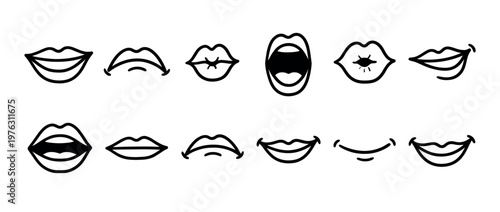 Cartoon lips set showing various facial expressions and emotions, including smiling, talking, and pouting gestures.
