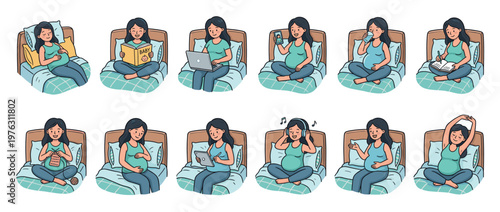 Pregnant woman engaging in various relaxing and productive activities while resting comfortably in bed during her pregnancy journey.