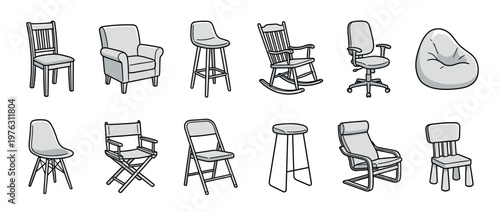 Various chairs, seating furniture, and stools in a diverse collection of styles, illustrating different types of comfortable and functional seating options.