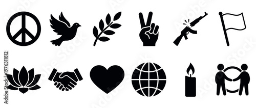 Peace symbols, anti-war icons, and unity signs representing global harmony, hope, and solidarity in a comprehensive collection of graphic elements.