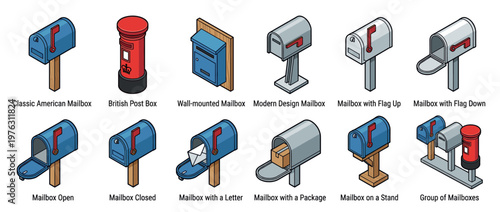 Isometric illustration set featuring a diverse range of mailboxes and post boxes, including classic, modern, and wall-mounted designs.
