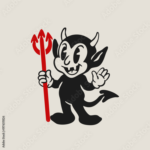 Cute little horned Devil. Funny black character with trident. Hand drawn Vector illustration. Halloween, vintage style. Retro cartoon mascot. Isolated design element. Sticker, logo, print template