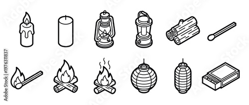 Candles, lanterns, campfires, matches, and firewood icons representing various sources of light and heat for outdoor activities and emergencies.
