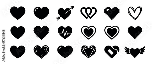 Heart icons collection featuring various shapes and designs representing love, romance, and affection for graphic projects.