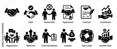 Business icons collection representing deals, partnerships, and investments, illustrating various aspects of corporate agreements and financial growth.
