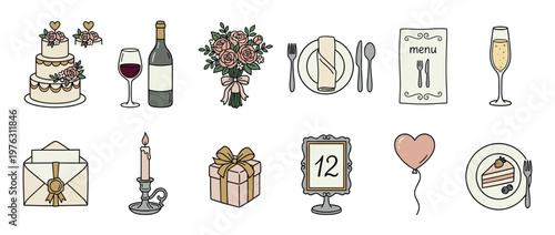 Wedding celebration elements including cake, wine, flowers, table settings, and invitations, depicted in a charming hand-drawn style.