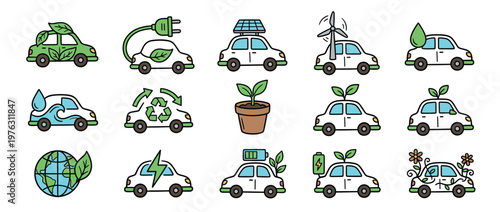 Eco-friendly cars and sustainable transportation icons representing green energy, electric vehicles, environmental protection, and renewable resources.