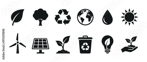 Environmental ecology sustainability icons set featuring nature, green energy, and conservation symbols for eco-friendly design