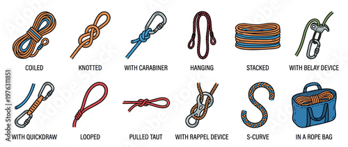Ropes and climbing equipment configurations illustrated in various forms and uses, including knots, devices, and storage methods.