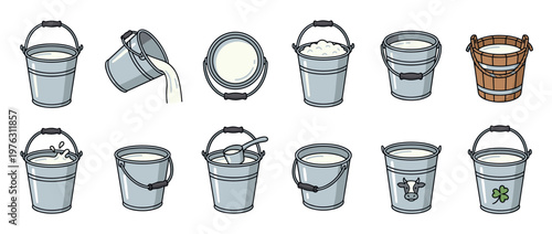 Milk buckets collection with various styles and contents, including pouring milk, foam, and decorative elements, in a charming cartoon illustration.