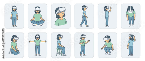 Woman wearing virtual reality headset in multiple poses, demonstrating interaction with augmented and extended reality experiences.