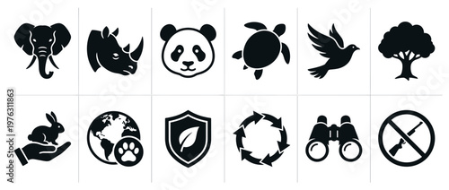 Wildlife conservation and environmental protection icons set featuring various animals, nature elements, and symbols for ecological awareness and sustainability.