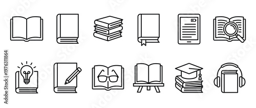 Books and education line icons set representing learning, knowledge, and academic study concepts.
