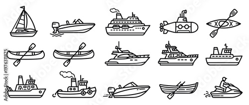 Boats and ships vector icons set showcasing different types of water transportation and recreational vessels in a simple line art style.