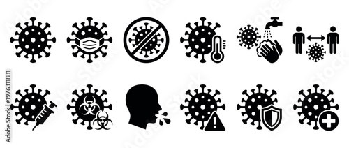 Coronavirus icons set depicting various aspects of the pandemic including prevention, symptoms, and medical measures for global health safety.