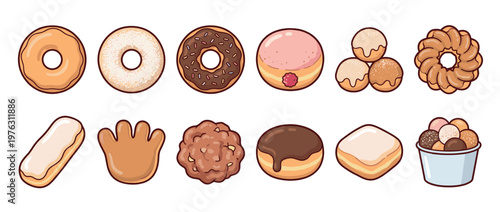 Delicious assortment of cartoon donuts and sweet pastries, including glazed, chocolate, jelly-filled, and various other baked treats.