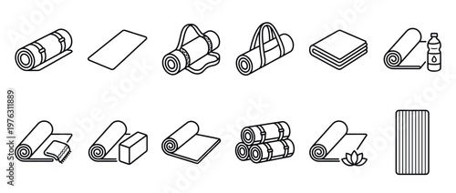 Isometric line art icons depicting different types of yoga and fitness mats, showcasing various states like rolled, folded, and with accessories.