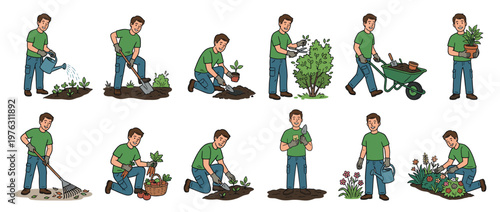 Man performing various gardening activities including planting, watering, and harvesting vegetables in a sequence of illustrations.