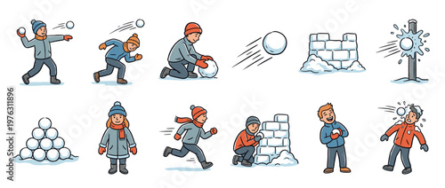 Children playing with snow, enjoying a lively snowball fight, building snow forts, and participating in various winter outdoor activities.