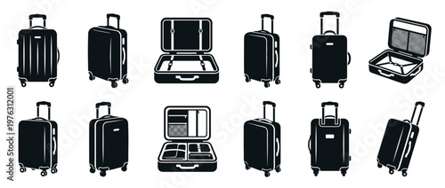 Suitcases luggage travel bags collection of black silhouette vector icons representing various types of baggage for travel and tourism.
