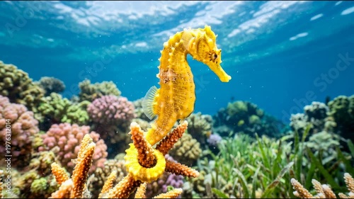 Yellow seahorse swimming among coral reef in clear blue water  
