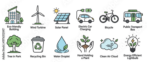 Collection of eco-friendly icons representing sustainable living, renewable energy, and environmental conservation efforts for a greener future.
