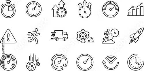  Time and Speed Icon Set with Stopwatch Clock Performance Growth Delivery and Motion Symbols for Business Productivity and Efficiency Design