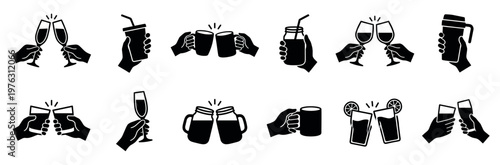 Hands holding various drinks and making a toast, celebrating with different beverages in glasses, mugs, and cups.