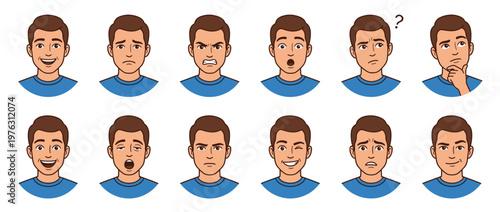 Cartoon man's diverse facial expressions showcasing a wide range of human emotions from happiness and surprise to anger and confusion.