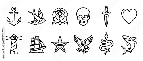 Collection of traditional tattoo style line art icons including anchor, skull, rose, eagle, and other classic symbols.