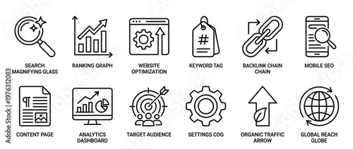 SEO digital marketing icons set illustrating concepts like search, ranking, optimization, analytics, and global reach for web development.