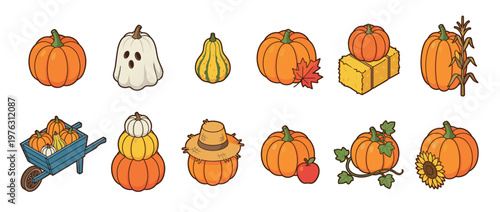 Collection of various cartoon pumpkins and gourds with autumn harvest elements like hay, corn, leaves, and a ghost for fall celebrations.