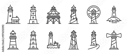 Lighthouse icons collection featuring various coastal navigation structures, maritime beacons, and sea safety towers in a modern outline style.