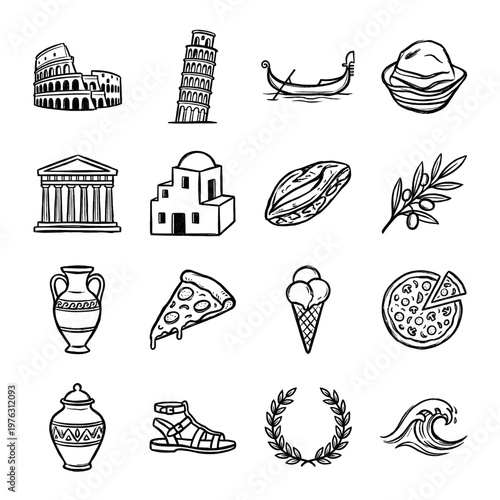 Italian and Greek travel icons doodle set featuring famous landmarks, traditional food, and cultural symbols.