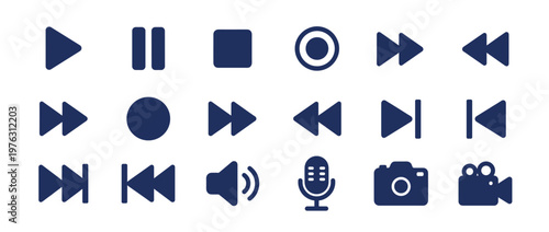 Collection of media player control icons and recording symbols for digital interfaces and multimedia applications.