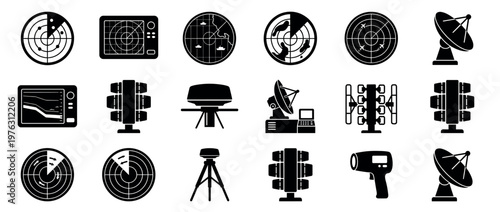 Radar sonar satellite antenna detection communication icons set featuring various electronic devices for tracking, navigation, and signal transmission.
