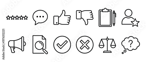 Collection of diverse line icons representing feedback, communication, and business concepts for web and app interfaces.