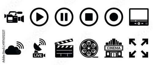 Video media cinema icons set featuring various symbols for recording, playback, streaming, and movie production elements.