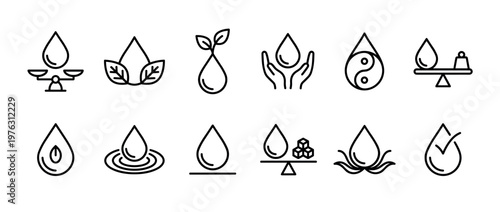 Water drop icons set with various symbols representing purity, nature, balance, and environmental conservation in a clean line art style.
