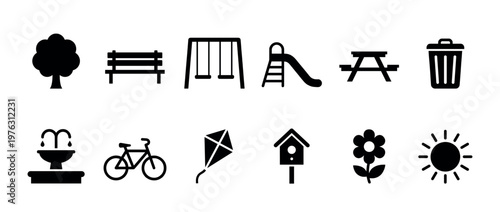Set of park and outdoor recreation icons featuring common elements like a tree, bench, swings, slide, picnic table, and other leisure symbols.