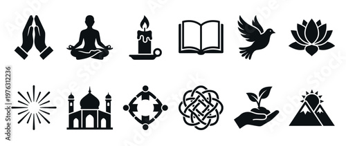 Spiritual symbols religious icons peace elements and nature signs representing faith, meditation, unity, growth, and enlightenment in a vector illustration.