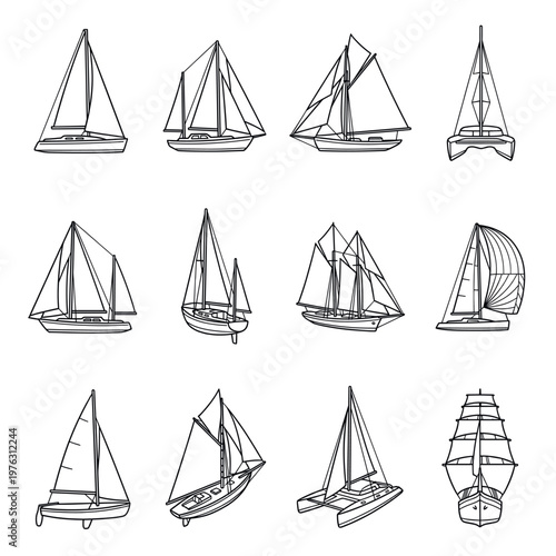 Sailboats and ships collection of various nautical vessels in a simple black and white line art illustration style, perfect for maritime themes.