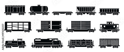 Train cars and locomotives collection featuring different types of railway freight and passenger vehicles in a silhouette style.