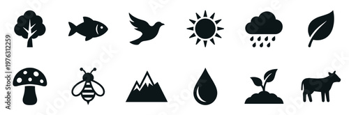 Nature icons collection representing various environmental elements, weather phenomena, and living organisms in a simple graphic style.