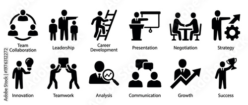Business management concept icons collection depicting various aspects of corporate strategy, teamwork, leadership, and growth for professional success.