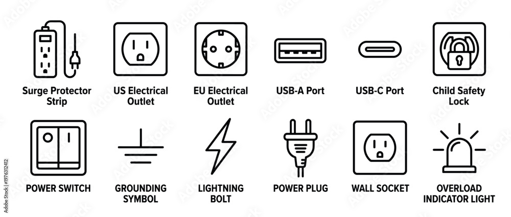 Fototapeta premium Electrical icons, power symbols, and various outlets, plugs, and ports are depicted in a comprehensive set of line art illustrations.